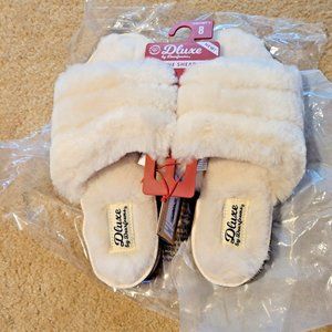 Dluxe Dearfoams Shearling Slides Ultra-Soft Comfort Slippers Women’s Sz 8 Ivory